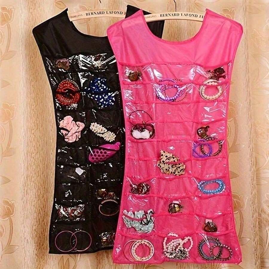 2pcs/1set 80 Grids Deluxe Hanging Jewelry Storage Bag - Organize Necklaces, Bracelets, Earrings, Rings - Portable Jewelry Rack And Storage Box With Protective Liner, Hanging Jewelry Organizers - 黑色+紅色 - 查看 1