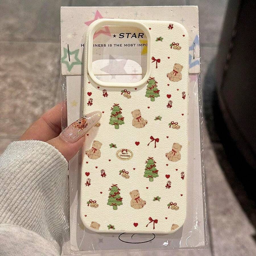 1 pièce Étui de téléphone décoratif avec sapin de Noël et nœud en forme d'ours en peluche, en matériau TPU, compatible avec les téléphones Apple - Blanc - Voir 1