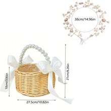 1pc Willow Flower White Bow Pearl Flower Girl Basket, Simple And Beautiful, Suitable For Baby Shower, Baby Birthdays, Gender Disclosure Celebrations, And Festival Celebrations