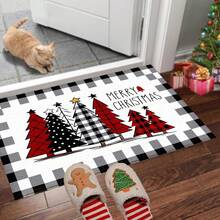 1 pièce Tapis de cuisine, de porte, de salle de bain, de chambre à coucher, de salle à manger, décoration de maison, décoration de fête, décoration de Noël, en matériau imitation cachemire doux avec motif d'arbre de Noël sur fond à carreaux noirs et gris, avec support en TPR, pour la décoration de Noël