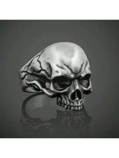 1pc Punk Hip Hop Half Skull Rings For Men Gothic Fashion Men Rings Heavy Duty Metal Statement Jewelry, Gothic Wedding/Party/ Everyday Ring For Men & Women Halloween, Dia De Los Muertos, Carnival Costume Accessory - Edgy Birthday/Anniversary Gift For Dark Fashion Lovers - Retro Skull Design With Intricate Detailing, Single Ring For Year-Round Wear, Perfect For Festive Occasions And Bold Fashion Statements, Halloween Jewelry