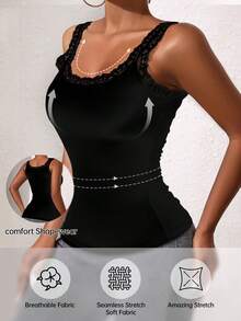 女士蕾丝碎花吊带背心，蕾丝拼接吊带背心上衣，休闲百搭纯色吊带背心，女士无袖蕾丝边纯色圆领滚边吊带背心