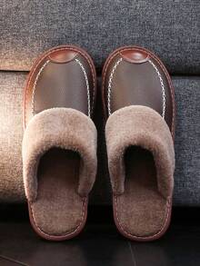 Luxury Retro Plus Size Men's Slippers, Faux Leather Fluffy Fur Lined Oversized Winter House Slippers - Coffee Brown - View 3