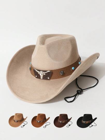 1pc Unisex New Faux Leather Decor High Quality Suede Brim Hat, Fashion Minimalist All-Match Western Cowboy Hat, Suitable For Daily Wear, Western Themed Events, Birthday Parties, Music Festivals