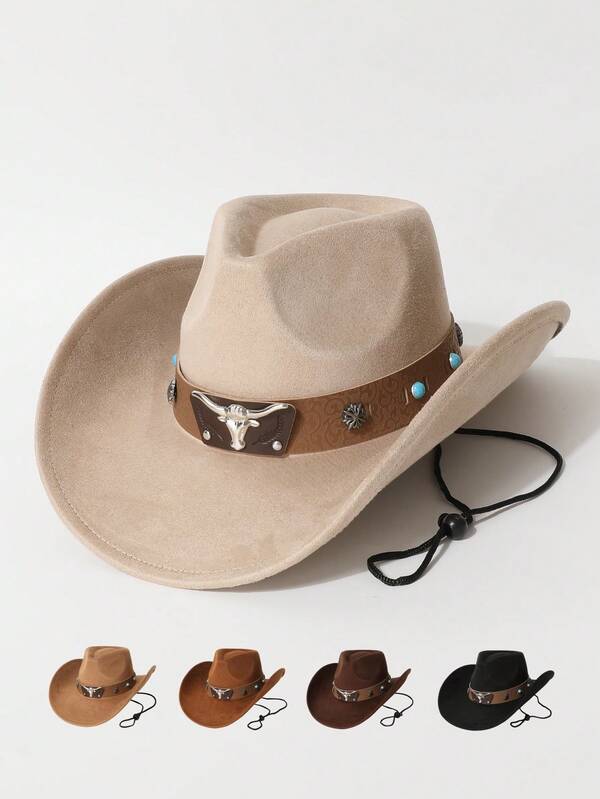 1 buc Pălărie Unisex Nouă din Piele Artificială Decor de Înaltă Calitate cu Boruri din Piele Întoarsă, Pălărie de Cowboy Western Minimalist la Modă, Potrivită pentru Uz Zilnic, Evenimente cu Tematică Western, Petreceri de Zi de Naștere, Festivaluri de Muzică