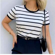 Babe Look Striped Round Neck Basic T-Shirt Premium  Summer Fashion - Black - View 2