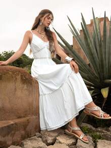 Faeriesty BohoBloom Women's Bohemian Style Spaghetti Strap Lace Trim A-Line Dress, Suitable For Daily Outings, Beach Vacations, Festivals, Weekend Getaways, And Country Walks - White - View 9