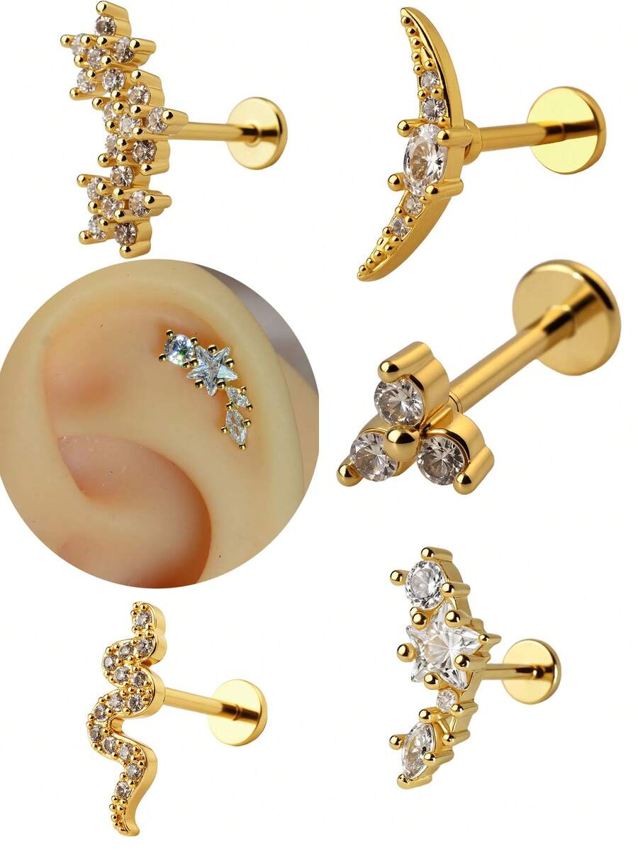 1PC 316 Stainless Steel Flower Snake Moon Star CZ Cartilage Earring Helix Tragus Studs Flatback Labret Nose Stud Piercing Daith Conch Earrings 18G