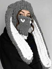1pc Women's Multi-Color Oversized Rabbit Ear Hat, Warm Thick Knitted Beanie, Adorable & Versatile, Suitable For Daily, Casual, Party Occasionsski Mask Valentine's Day - 口罩款 - 查看 11