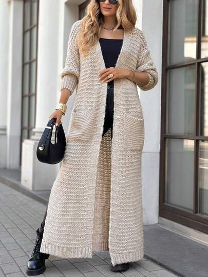 2025 New Winter Women Cardigan, V-Neck Sleeveless Long Knitted Jacket, Dropped Shoulder, Khaki Color, Ribbed Cuffs, Pockets, Loose Fit, Side Slits