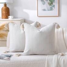 1 件枕套（无枕芯）柔软雪尼尔农舍风格绒球和流苏装饰抱枕套，适用于沙发、床、客厅、节日礼物，舒适 - 白色 - 查看 2