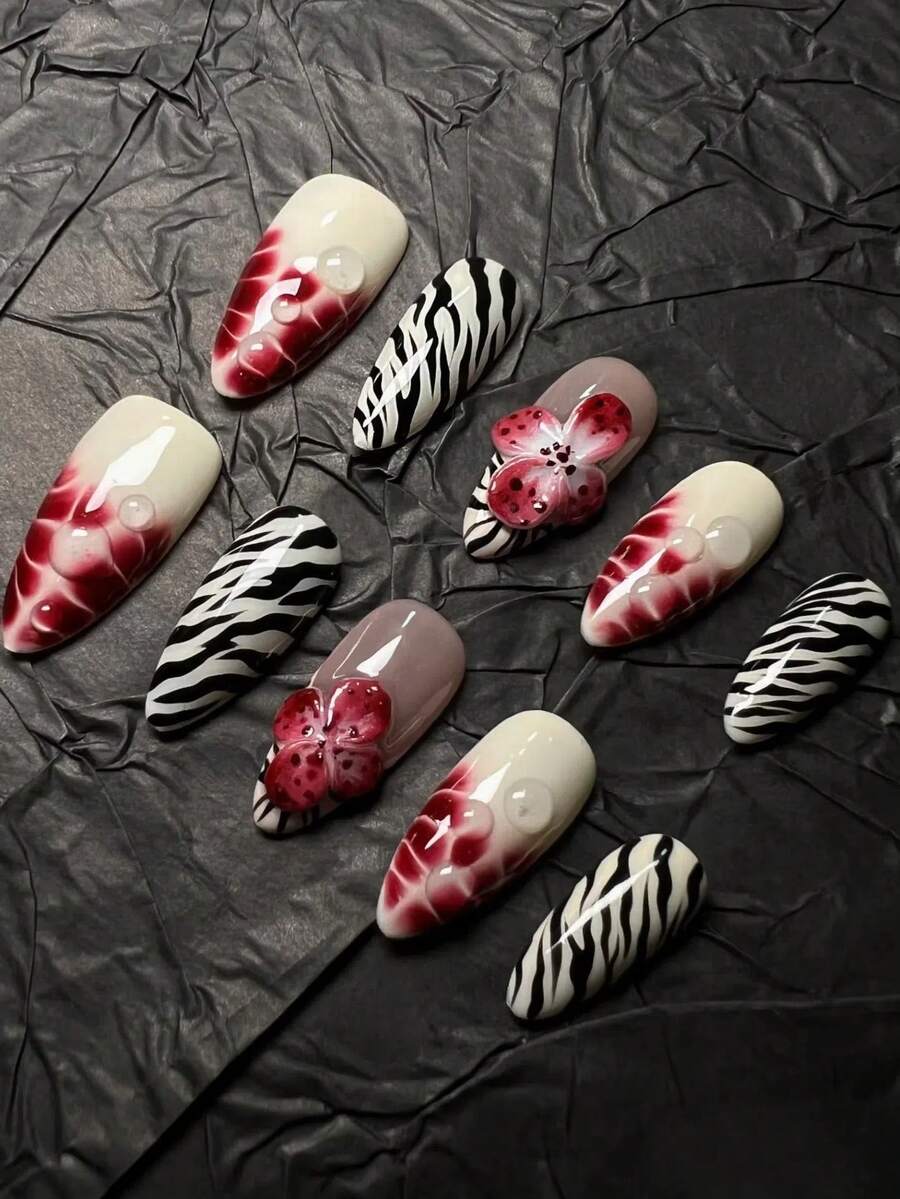 Uñas postizas hechas a mano de estilo corto-3D con flores, uñas postizas de almendra de tamaño mediano hechas a mano con puntas francesas, uñas acrílicas falsas gruesas con diseños de lunares, flores y estampado de cebra para el otoño. Incluye: 10 piezas, 1 pieza de pegamento de gelatina y 1 lima de uñas
