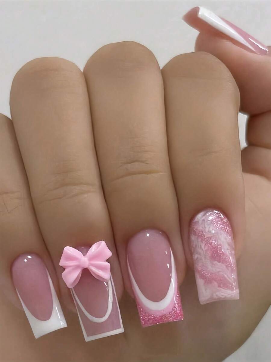 24pcs Instantly Upgrade Your Look With Medium Square Fake Nails Pink 3D Bow And Glitter Design French White Line And Edge Design 1pc Nail File & 1Nail Glue Sticker Kit Nails For Girl Mother Women Gift Whitening Nail Art Set With Detachable Fake Nails For Festival, Party, Date And Daily Wear