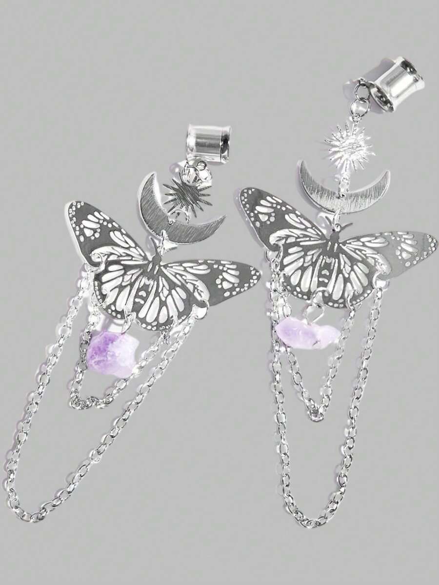 DareSee 2pcs New Butterfly-Pendant Stainless Steel Chains Dangle Ear Plugs Tunnels Ear Gauges Stretcher Piercing Body Jewelry Music Fest Y2KFest Autumn Winter Gifts Music Fest - Butterfly - View 1