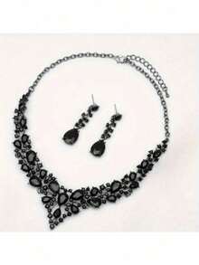3pc Artificial Crystal Bridal Jewelry Set For Women – Includes Necklace And Earrings, Elegant Wedding And Party Costume Accessories, Perfect Gift For Brides, Bridesmaids, Or Special Occasions – Sparkling And Lightweight Fashion Jewelry - màu đen - Xem 5
