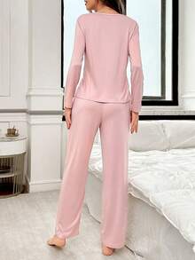 Pink Letter Graphic Long Sleeve Top & Pants Pajama Set For Women, Fall & Winter Clothes