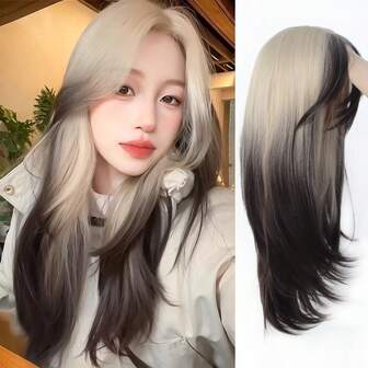 Peluca sintética recta de 25 pulgadas de largo con raya al medio y flequillo, degradado de naranja rubio a marrón oscuro, con capas, estilo adecuado para todas las ocasiones