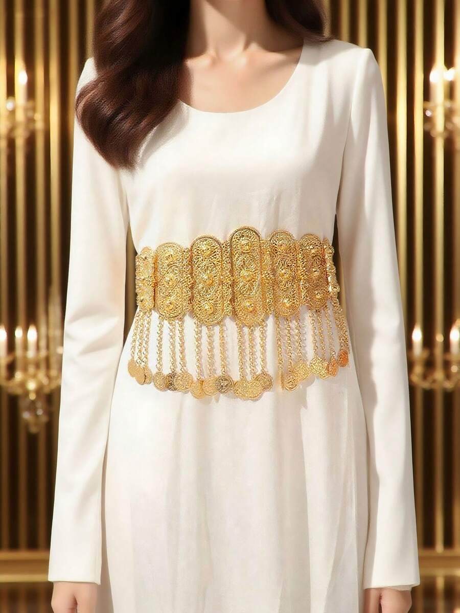 1 件镀金女士金属流苏腰链，土耳其库尔德新娘腰带，中东阿拉伯节日庆典奢华时尚配饰 - 腰鏈 - 查看 1