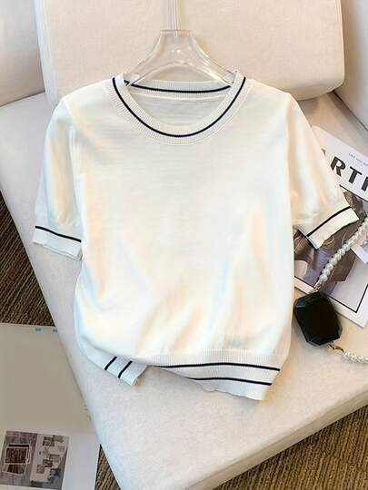 新款针织百搭撞色圆领短袖休闲修身宽松露脐上衣 白色