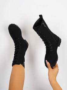 Botas de mujer de moda versátiles con cordones, hasta el tobillo/media pantorrilla/motocicleta, botas de tobillo, botas altas antideslizantes, botas casuales y cómodas con cremallera lateral para montar al aire libre, botas negras, botas de otoño/invierno, botas para exteriores, botas por encima de la rodilla - Negro - Ver 6