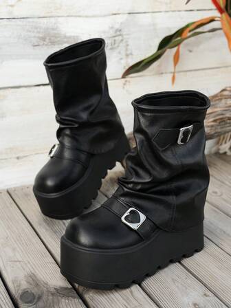 Botas de tacón ancho y estilo holgado, estilo dulce y fresco, botas occidentales con plataforma y cuña, botas altas por encima de la rodilla, botas de montar hasta la pantorrilla