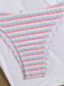 两件套：挂脖条纹比基尼上衣和三角比基尼泳裤，适合夏季，欧美风格 - 白粉紅藍條 - 查看 4