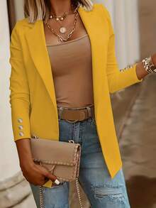 Chaqueta casual larga con botones para mujer, color liso y abrigo versátil. - Amarillo - Ver 3