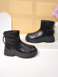 1 Pair Girls Boots 2025 New Style, Children Short Boots, Back Zipper Decor Glossy Material, Anti-Slip Thick Sole, Round Toe Mid-Calf, Retro British Style Boots, Suitable For School/Street Wear In Autumn/Winter