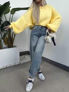 女士纯色针织圆领长袖毛衣，百搭休闲风格，适合返校、通勤、日常穿着，柔软舒适，米色调，温柔妩媚，易于搭配，简约毛衣设计 - 鵝黃色 - 查看 4