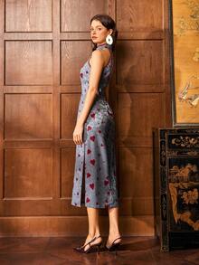 Faeriesty ​Women's New Chinese Style Cheongsam: High Neck & Sleeveless Design With Hollow-Out Neckline & 3D Floral Applique. Elegant Attire For Gala Dinners, Red Carpet Events, Wedding Receptions, Year-End Galas, And Formal Evening