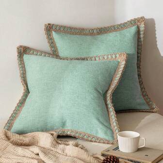 1pc (Pillow Insert Not Included) All Season Linen-Like Rope Trim Throw Pillow Cover, Rustic Farmhouse Style Suitable For Living Room, Bedroom, Dining Room, Patio, Wedding Decoration, Home Use