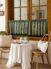 1pc Beige Plaid Small Curtain Panel, Japanese Style Cafe Curtain With Tassel Trim, Rod Pocket Kitchen Curtain, Living Room Bedroom Window Decor, Cabinet Covering Curtain, Home Decor - Dark Green - View 5