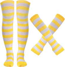Tongcloud Women's Striped Knee High Socks, Over Knee Thigh High Socks, Arm Warmer And Fingerless Gloves SetHalloween Christmas New Year - 白色和黃色 - 查看 1