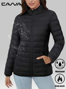 Cavva 女式羽绒夹克防水防风轻便绗缝内衬拉链休闲冬季保暖服装带 4 个口袋徒步露营工作，抓绒 - 黑色 - 查看 2
