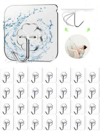 30/20/10 piezas Ganchos transparentes de pared con adhesivo fuerte - Estilo casual, ganchos de pared adhesivos de uso pesado transparentes reutilizables sin clavos, impermeables, con adhesivo fuerte sin daños, sin taladro, para colgar en baño, cocina, estantes, toallas, tazas, utensilios, abrelatas, tijeras
