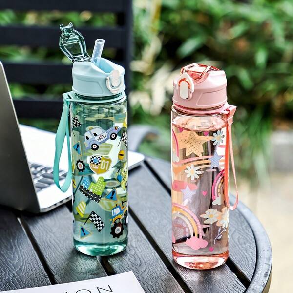 Vaso de pajita con diseño de dibujos animados de moda, estilo playa y arcoíris, perfecto para viajes al aire libre, adecuado para camping y picnics, de gran capacidad y portátil, ideal para la temporada de vuelta al colegio y como regalo para mantenerse hidratado.