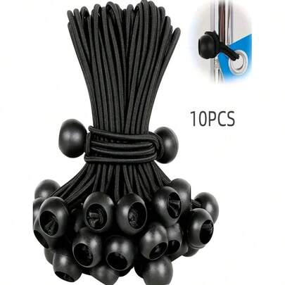 2/10 件重型可调节弹性绳，带塑料球 - 黑色，四季皆宜的露营配件，用于帐篷固定、储存和运输 - 可折叠户外装备，露营整理工具 | 强力调节，可调节绳索 | 露营必备配件