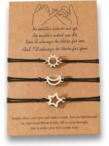 YFmyKoyosa 3 Piezas Pulseras de Sol Luna y Estrella para Mujer, 3 Pulseras de  para 3 Mejores Amigos, Pulseras Ajustables Hechas a Mano con Cordón, Cuerda de Cera, Moda Regalos para Mujer Cumpleaños para Mamá Hermana Amiga - 1 - Ver 1