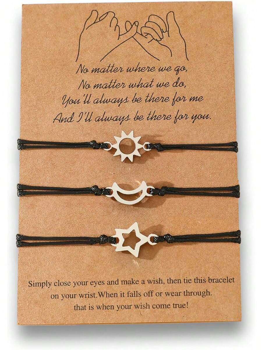 YFmyKoyosa 3 Piezas Pulseras de Sol Luna y Estrella para Mujer, 3 Pulseras de  para 3 Mejores Amigos, Pulseras Ajustables Hechas a Mano con Cordón, Cuerda de Cera, Moda Regalos para Mujer Cumpleaños para Mamá Hermana Amiga - 1 - Ver 1