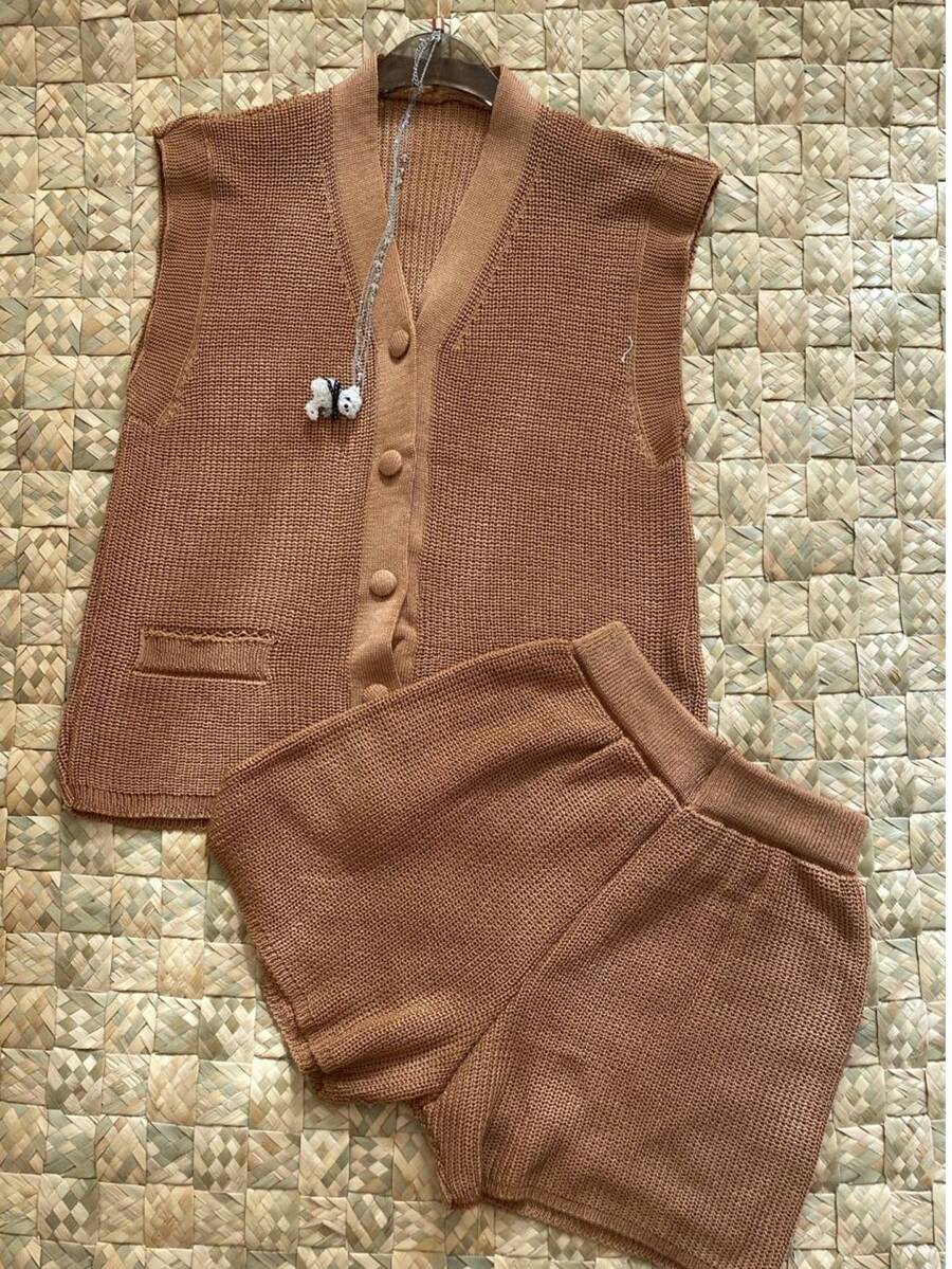 Women's Knit Set Shorts And Maxi Vest With Buttons Shirt Blouse Women's Fashion Summer Comfortable New 2025 - 杏色 - 查看 1