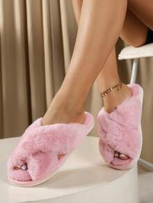 Women Fashionable Cross Belt Plush Fluffy Slippers Soft Bottom Comfortable Room Floor Quiet Bedroom House Flip Flops - Hồng - Xem 4