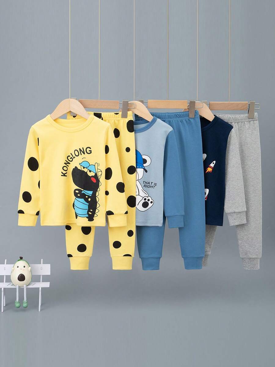 6pcs/Set Boys' Cartoon Dinosaur Print Pajama Set, Long Sleeve Top And Long Pants Homewear Sleepwear - Multicolor - View 1