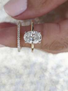 CVNANA 2pcs Luxury Cubic Zirconia Ring Set, Shiny Oval Engagement/Wedding/Promise/Eternity Rings, Exquisite Jewelry, Gifts For Valentine's Day, Mother's Day And Christmas - B - View 3