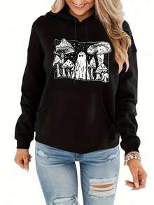 Sudadera con capucha de mujer para Halloween con estampado de fantasmas - Poliéster ligero para otoño/invierno, manga larga, cordón, bolsillo canguro, diseño de setas blancas y noche estrellada, color negro. - Oscuro - Ver 1
