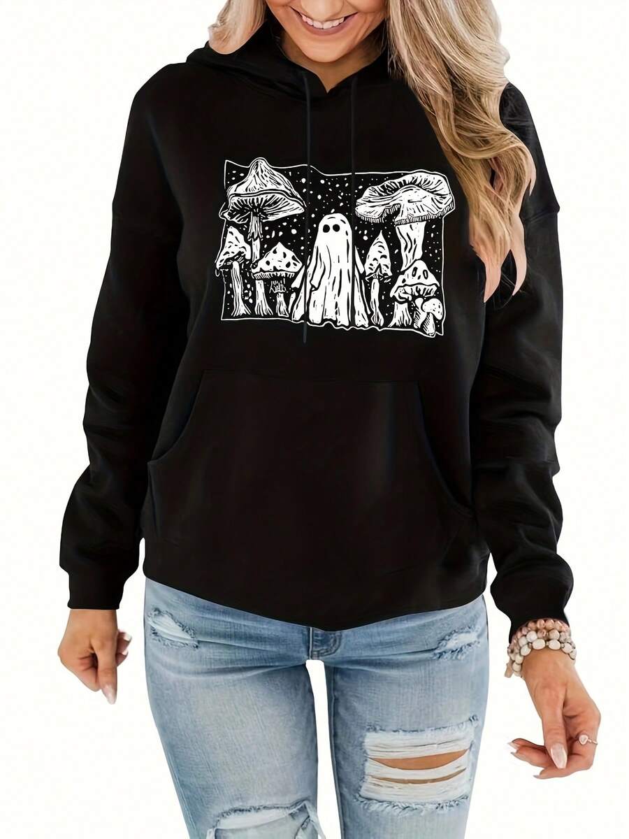 Sudadera con capucha de mujer para Halloween con estampado de fantasmas - Poliéster ligero para otoño/invierno, manga larga, cordón, bolsillo canguro, diseño de setas blancas y noche estrellada, color negro. - Oscuro - Ver 1