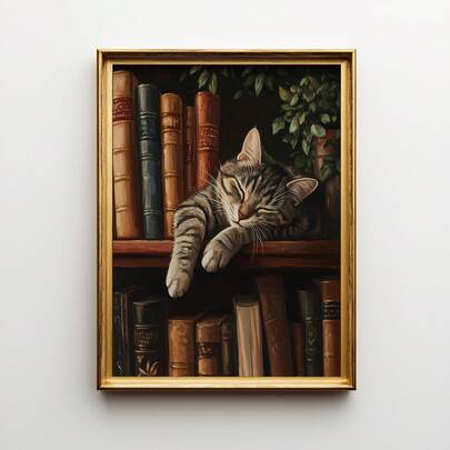 1 bức tranh mèo vằn trên giá sách - Nghệ thuật mèo cổ điển, trang trí mộc mạc, nghệ thuật treo tường thư viện ấm cúng, họa tiết động vật đồng quê, trang trí nhà Giáng sinh, sắp xếp phòng, nghệ thuật treo tường, thẩm mỹ trang trí phòng, trang trí cổ điển, nghệ thuật treo tường phòng khách - vải canvas (khung tùy chọn)