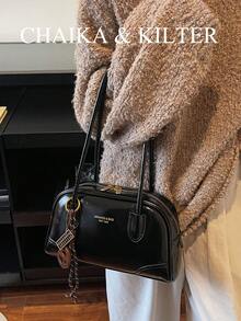 1 Peça Bolsa de Ombro em Tecido PU Brilhante de Cor Sólida CHAIKA & KILTER, Bolsa de Boliche de Grande Capacidade e Moda Feminina, Design de Alça Dupla com Fechamento de Zíper, Adequada para Uso Diário e Externo (Vendida com Pingente)