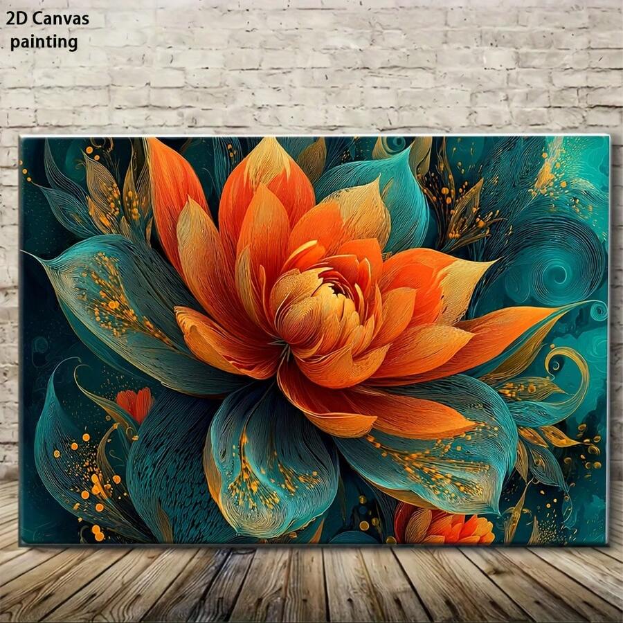 2D Flat, 1pc Orange & Teal Floral Canvas Wall Art With Golden Swirls - Modern Minimalist Wood Framed Painting, Ready-To-Hang Vibrant Orange Flower Decor Living Room, Bedroom, Kitchen, Office - Gallery-Wrapped Indoor/Outdoor Home Decoration, Housewarming Birthday, Art Deco Style Turquoise & Golden Accent Wall Decor, Framed Canvas Wall Art, Wall Art Decor, 2D Flat, Framed, Canvas Wrapped, Ready To Hang Decorative Painting, Poster, Mural, Wall Art Canvas Decoration Painting - 彩色 - 查看 1