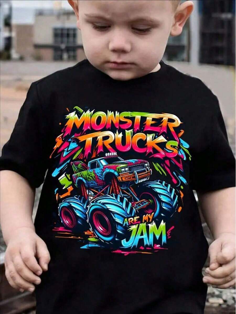 Cute Boy's Summer Top - MONSTER TRUCK JAM Cartoon Print Short Sleeve Crew Neck T-Shirt - Casual Outing Tee Gift - Black - View 1