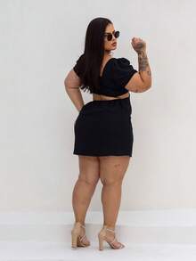 VESTIDO DE MANGA PLUS SIZE VERÃO TECIDO SOLTINHO DECOTE FRANZIDO SEXY CONFORTO LOOK VERÃO CURVE G1 E G2 - PRETO DUNA - Visão 10